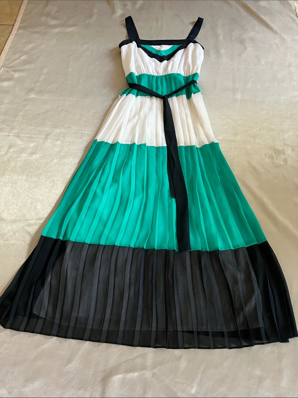 Banana Republic Green, White & Black Pleated Maxi Dress with Waist Tie